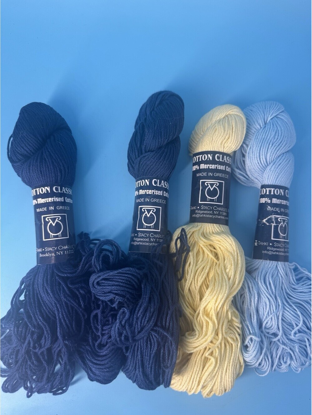 4 Tahki Cotton Classic Yarn Skeins 100% Mercerized Cotton Blue Yellow 108 Yd